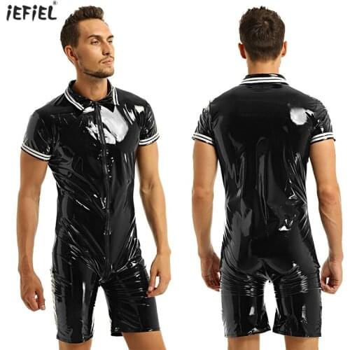 Shiny Wet Look Latex Catsuit Sexy Mens Leather Bodysuits Black Stretch PU Jumpsuits Front Zipper Open Crotch Lingerie Body Suit