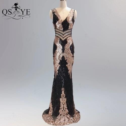 Black Lace Evening Dresses Sequin Long Mermaid Prom Gown Print Appliques Party Dress V Neck Formal Gown Hollow Out Formal Dress
