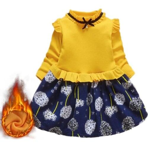 NewAutumn Winter Girl Dress Plus velvet Keep warm printing Dress Floral Bow Kids Dresses for Girls Fashion Children Clothing1-8Y