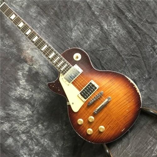 Left hand flame maple electric guitar. Sunburst color guitar relic by hand Musical instrument guitar. free shipping