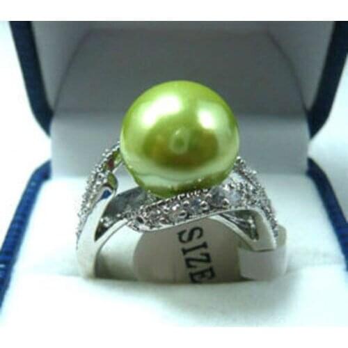 Hot sale>@@ Wholesale price 16new ^^^^Charming! Apple Green South Sea shell pearl Round Bead ring size 6 7 8 9