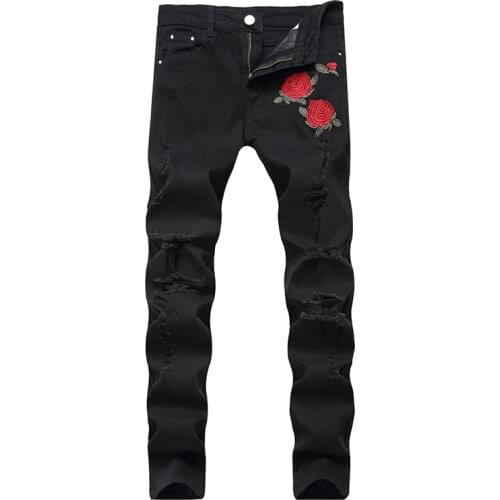 2021 New Designer Men Jeans Big Size 28-42 Luxury Rose Embroidered Jeans Slim Fit Mens Printed Jeans Biker Denim Pants