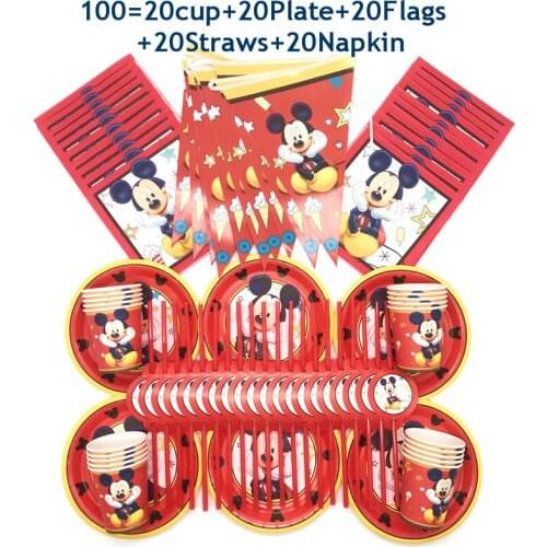 Disney Red Mickey Theme Party Supplies Disposable Tableware Set Cup Plate Flag Baby Shower Birthday Party Decoration 60-100pcs