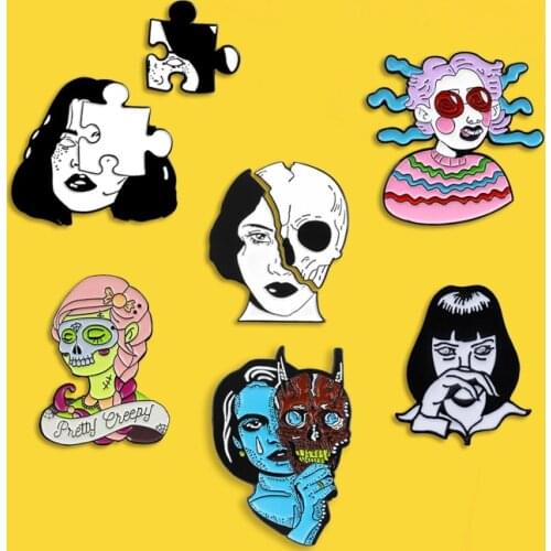 Creative Stitching Skeleton Short Hair Girl Metal Enamel Brooch Pretty Mask Queen Badge Trendy Costume Backpack Jewelry Gift