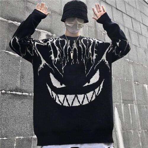 Autumn Sweater Women College Style Sweater Harajuku Cartoon Devil Embroidery Sweater Loose Round Neck Knit Sweater Man Sweater