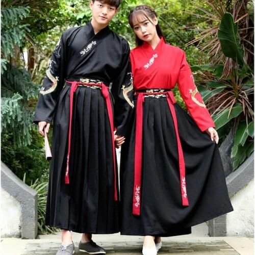 Couples Chinese Traditional Hanfu Embroidery Ancient Han Dynasty Women Men Swordsman Stage Cosplay Costume Tops Skirts Outfits