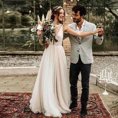 Deep V-Neck Tulle Wedding Dresses Backless A Line Boho Bridal Gowns Beads Luxury Vestido De Noivas DW523