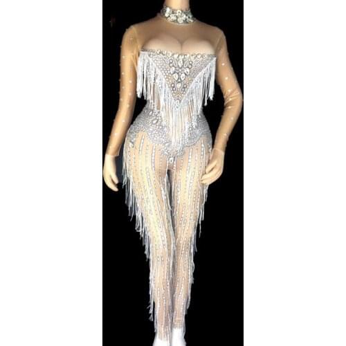 Sexy Tassels Crystals Jumpsuit Female Singer Dancer Sexy Leggings Costume Big Stretch Bodysuit Nightclub Oufit Party Wear Outfit