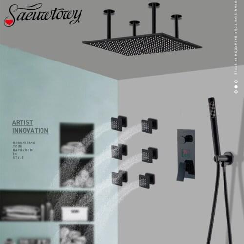 Black Digital Display Shower Faucet Set Massage Shower Faucet Set Mixer Tap Crane Bathroom Rain Shower Faucet Back Massage