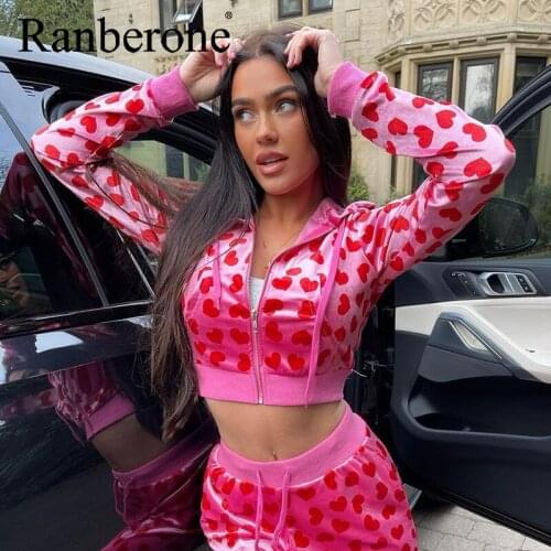 Ranberone 2021 Tracksuits Women Elegant Two Pieces Suit Sets Love Print Hooded Cardigan & Pant Sets Joggers Women Outfits