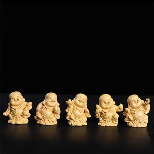 Wufu Shami smiling Buddha statue solid wood carving, modern craft sculpture artwork, home decoration mini craft gift Fuwa statue