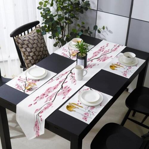 Japanese Pink Flower Cherry Blossom White Table Runner Table Mats Cover For Home Wedding Banquet Festival Party Hotel Decoration