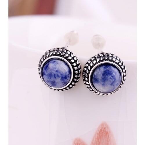 Natural Sodalite Blue Stone Round Beads Earrings For Woman Antique Silver Plated Blue-vein Stone Earrings With Silver Ear Nail