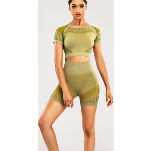 Women Yoga Set Seamless High Waist Push Up Hip Leggings Striped Yoga Shorts Top Running Fitness Short Sleeve Suit Sportswear