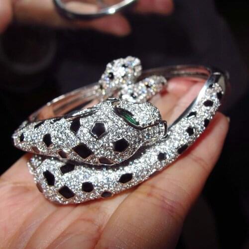 Leopard Head bangle with Ring AAA+ Cubic Zirconia Stone Animal Panther bracelet for Women designer copper Party jewelry set