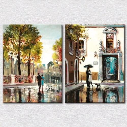 High quality Canvas printed wedding room decoration picture Romantic autumn rain street painting 2pcs set