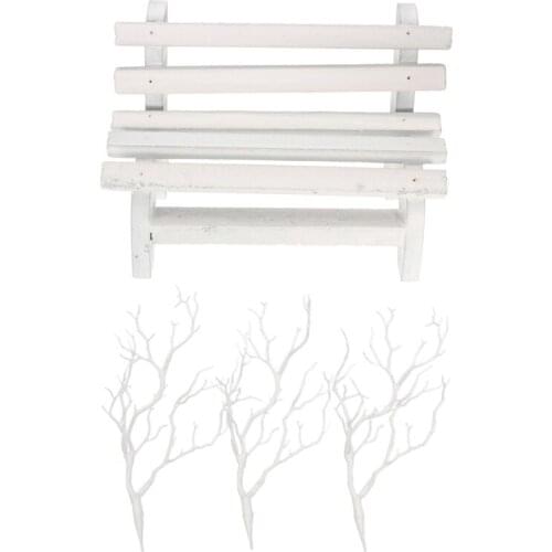 3 x Artificial White Dry Plant Tree Branch Wedding Party Decor & 1x Miniature Dollhouse Landscape Ornament Plant DIY Craft Home