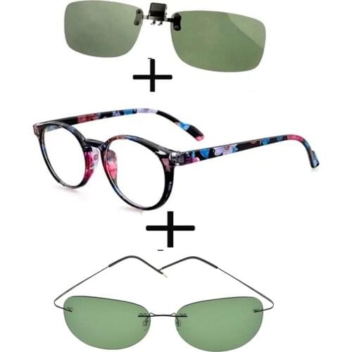 3Pcs!!! Retro Round Light Reading Glasses for Men Women + Polarized Sunglasses Alloy Luxury Thin Leg + Sunglasses Clip