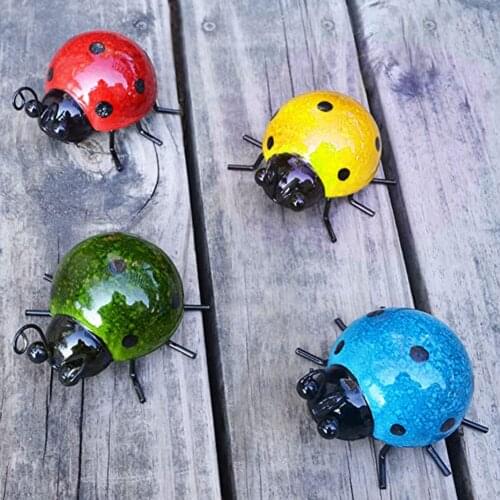4PCS/Set Metal Cute Ladybugs Beautifully Bling Color Garden Fence Wall Art Decoration Outdoor Wall Sculptures #W0