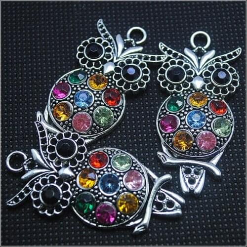 5pcs metal alloy pendants owl pendants with shinning rhinestone lovely jewelry beads with silver colors size 48x24mm diy beads