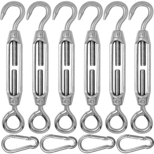 6 Pack 304 Stainless Steel M4 Eye & Hook Turnbuckle Wire Rope Tension + 4 Spring Snap Hooks - Silver