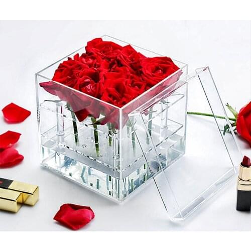 Acrylic Transparent Makeup Organizer Material Cosmetic Case Holder Rose Flower Box With Lid Makeup Organizer For ValentineS Day