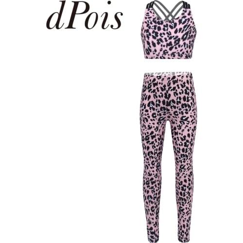 2Pcs Kids Girls Leopard Printed Tracksuit Sportswear Sleeveless Crop Top + Leggings Trousers Child Gymnastic Gym Yoga Sport Suit