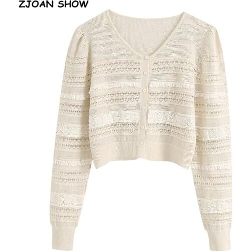 2020 Retro Spliced Lace Striped Line Single-Breasted Buttons Long sleeve Sweater Women French Knitted Cardigan Cropped Sweater