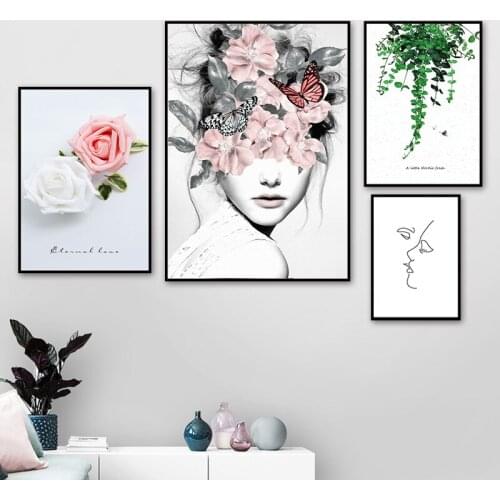 Modern Flower Leaf Girl Rose Wall Art Canvas Painting Quotes Posters And Prints Line Drawing Wall Pictures For Living Room Decor