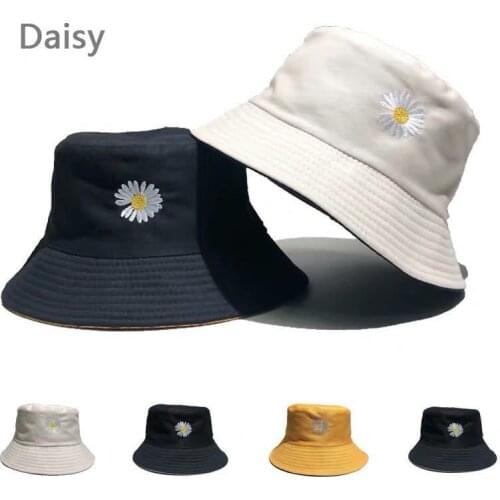 Korean Double-sided Women Men Bucket Hat Cotton Sunscreen Daisy Embroidered Basin Fisherman Harajuku Caps Japanese Couple Hat