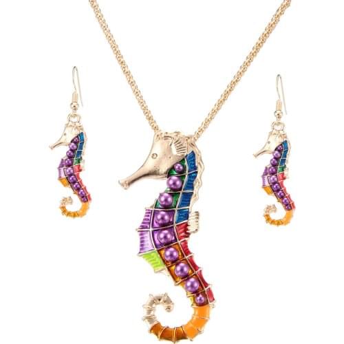Lureme Enamel Colorful Animal Hippocampus Necklace Pendant Drop Earrings Jewelry Set for Women Girl Cute Accessories (js000690)