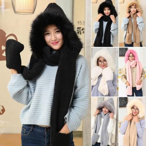 Cute Plush Hooded Scarf Hat Pocket Gloves 3 in 1 Warm for Women Winter Outdoor -OPK