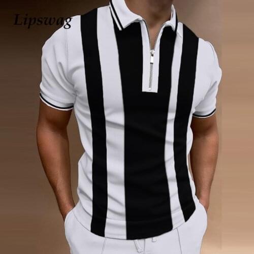 2021 Summer Mens Slim Polo Shirt Fashion Striped Patchwork Short Sleeve Tops For Men Casual Turn-down Collar Zip-up Polo Shirts