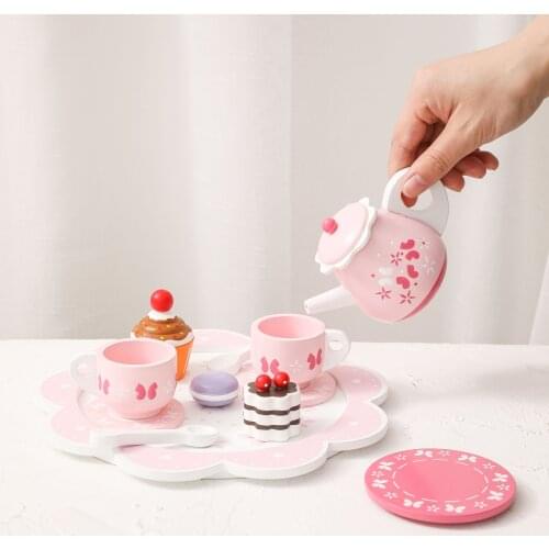2021 New Girls Toys Simulate Wooden Kitchen Toys Mini Pink Tea Set Play House Baby Early Education Puzzle Tableware Gift