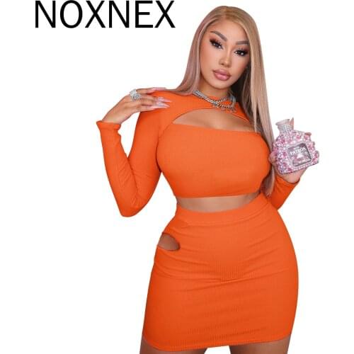 NOXNEX Women Solid Ribbed Two Piece Set Dress Hollow Out Long Sleeve Crop Top T-Shirt Bodycon Mini Skirt Fashion Autumn Suit