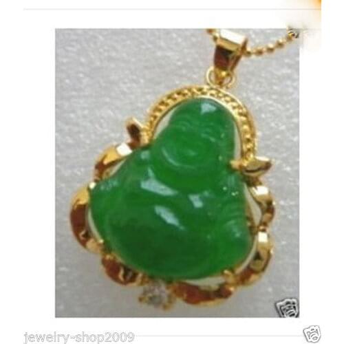 Free shipping >> Jewelry green * Natural stone buddha pendant necklace + chain