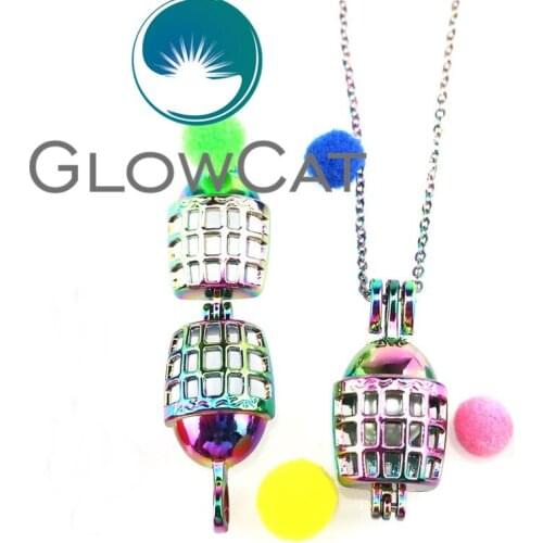 R-C638 Rainbow Color Sports Helmet Beads Cage Pendant Aromatherapy Perfume Diffuser Pearl Cage Locket Necklace