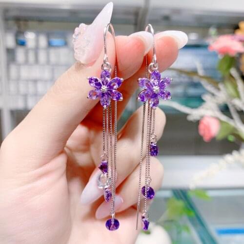 Silver 925 Earrings for Women 2021 Trend 925 Sterling Silver Earrings Crystal Flower Piercing Ear Cuffs Long Hanging Earrings