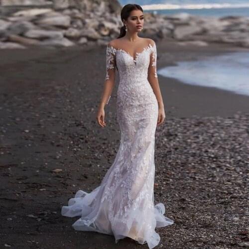 Sexy Scoop Long Sleeves Mermaid Wedding Dresses abito da sposa Sweep Train Sheer Back Lace Bridal Gown vestido de casamento