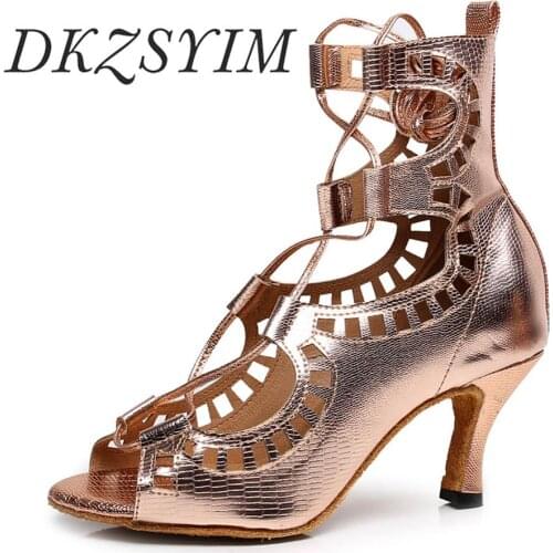DKZSYIM Latin Dance Shoes Women Glossy PU Lady Dance Boots Peep-Toe Soft-Bottom Ballroom Tango Dance Shoes High Heels 6-10 CM