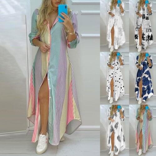 Women Stripe print Long Shirt Dress Boho Beach Button Big Maxi Dress Spring Summer 2021 Letter Oversized Casual White Robe