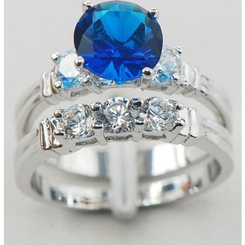 Blue Crystal Zircon White Crystal Zircon Women 925 Sterling Silver Ring F834 Size 6 7 8 9 10