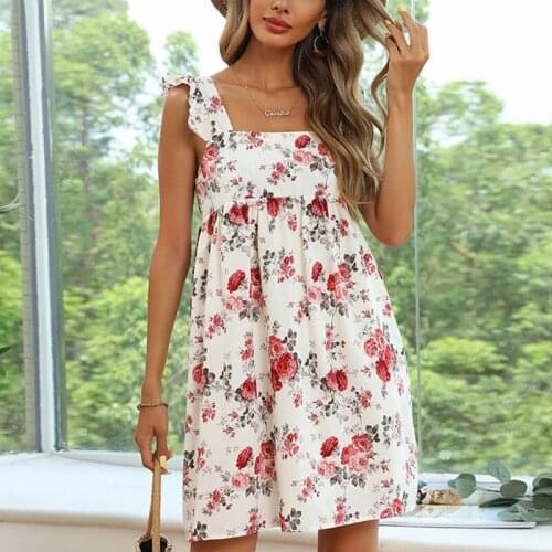 Elegant Floral Print Spaghetti Strap Mini Dress Women Summer Holiday Ruffled A-Line Dresses 2021 Fashion Sweet Ladies Vestidos