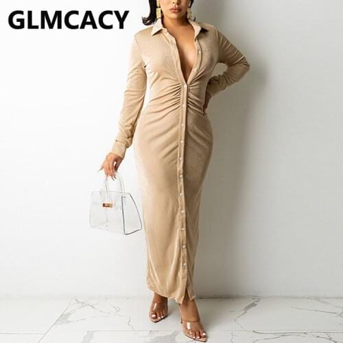 Women Long Sleeve Single Breasted Button Up Shirt Dress Solid Velvet Slim Maxi Dress