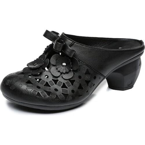 2021 Round Toe Breathable Genuine Leather Slippers Summer Women Sandal Shoes Classic Flowers Bow Thick Heel Fashionable Sandals