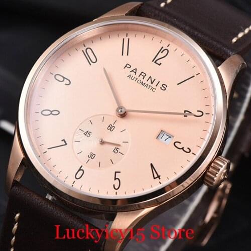Rose Gold Automatic PARNIS Men Watch Date Window Leather Strap 42mm Round Case