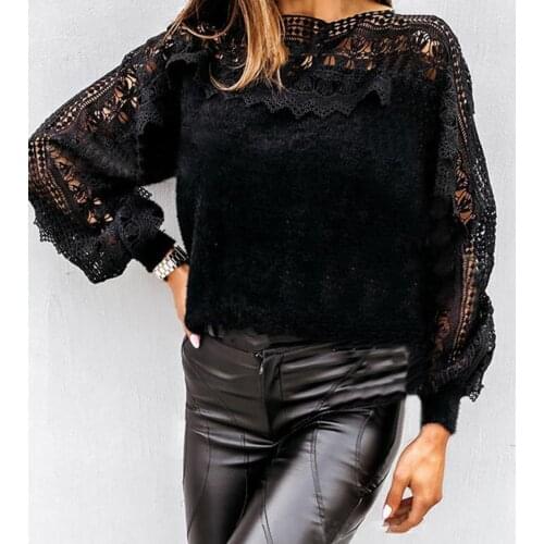 Women Blouse Elegant Autumn Lace Crochet Simple Lantern Sleeve Women Blouse O Neck Pullover Top Women Streetwear блузка женская