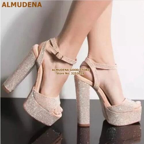 ALMUDENA Women Sexy Bling Bling Chunky Heel Sandals Sparkly Platform Dress Shoes Slingback Glittering Wedding Shoes Dropship