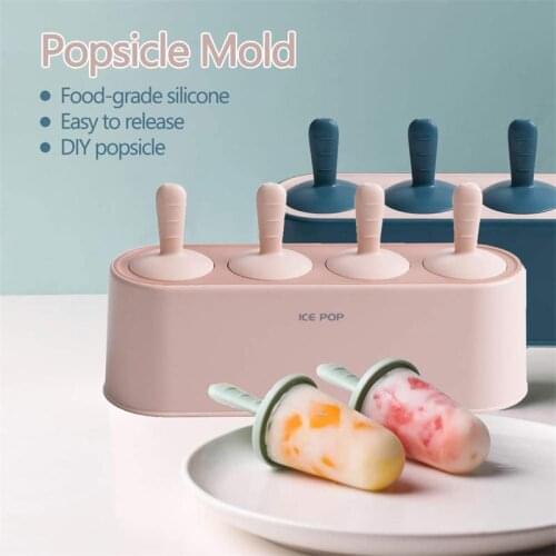 Ice Cream Mold DIY Creative Food Grade Silicone Popsicle Tool 4 Holes for Fruits Juice Jelly Yogurt Chocolate Kitchen Accessory