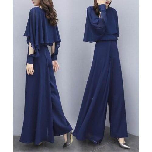 High quality chiffon pants suit female 2019 elegant shawl ruffled openwork long-sleeved shirt + slim wide leg trousers two-piece